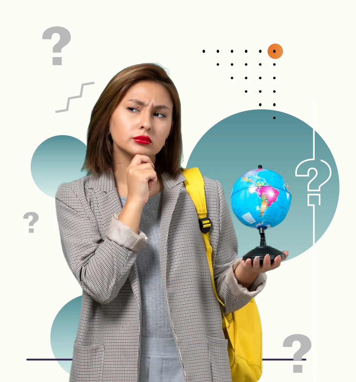 Woman holding a globe and thinking, surrounded by question marks