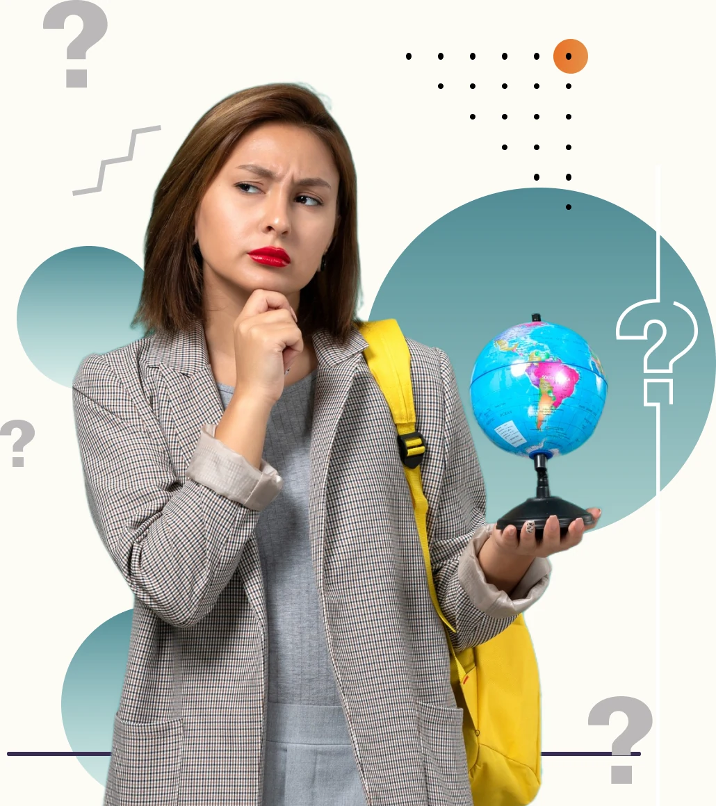 Woman holding a globe and thinking, surrounded by question marks