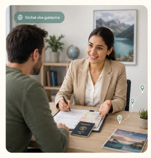 A visa consultant reviewing a passport and application with a traveller across her desk
