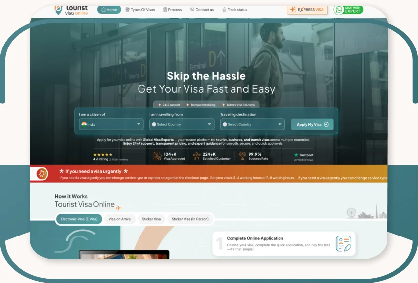 The Tourist Visa Online home page with the citizenship, living-country and destination selectors