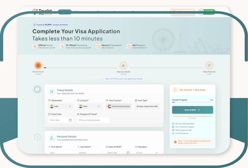 The application form with personal, travel and address details and the document uploader