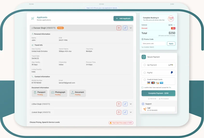 The checkout summary listing the applicants and the available payment methods